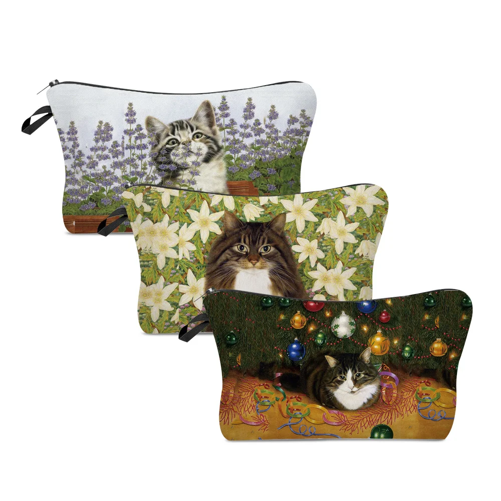 

Women Portable Cosmetic Bags Garden Cat Print Wash Bag Pouch Travel Storage Zip Toiletries Organizer Female Pocket Money Bag