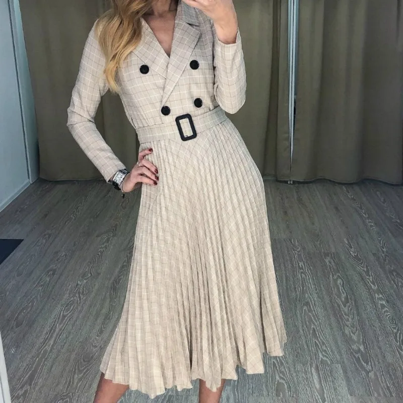

2021 New Vintage Pleated Belt Plaid Dress Women Elegant Office Ladies Blazer Dresses Long Sleeve Female Autumn Midi Party Dress