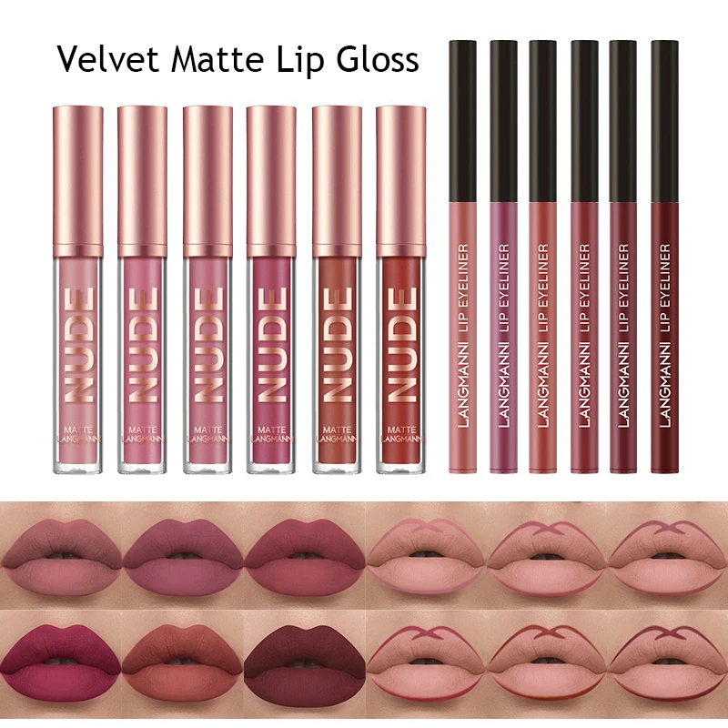 

Sexy Long Lasting Lip Gloss Lipliner 2Pcs/set Lipstick Matte Lip Makeup Women Beauty Red Non-fading Waterproof Lip Glaze