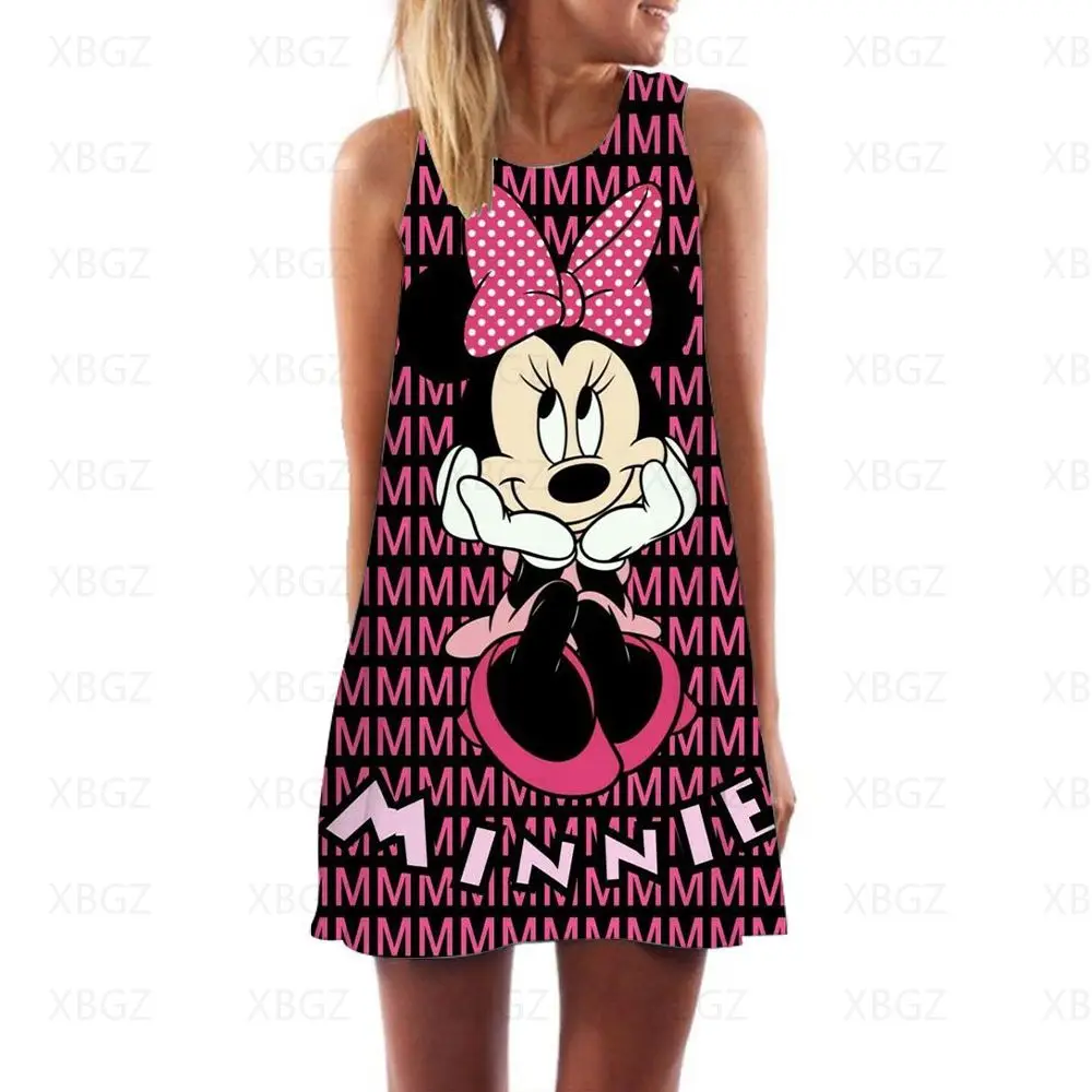 

Women's Dress Minnie Mouse Mickey Dresses 2022 Cartoon Summer Sundresses Disney Woman Sexy Boho Beach Loose Print Mini Fashion