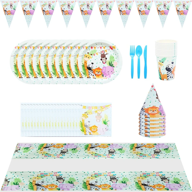 

Forest Jungle Zoo Birthday Party Kit Tablecloth Paper Cups Paper Plates Banners Paper Towels Disposable Party Cutlery