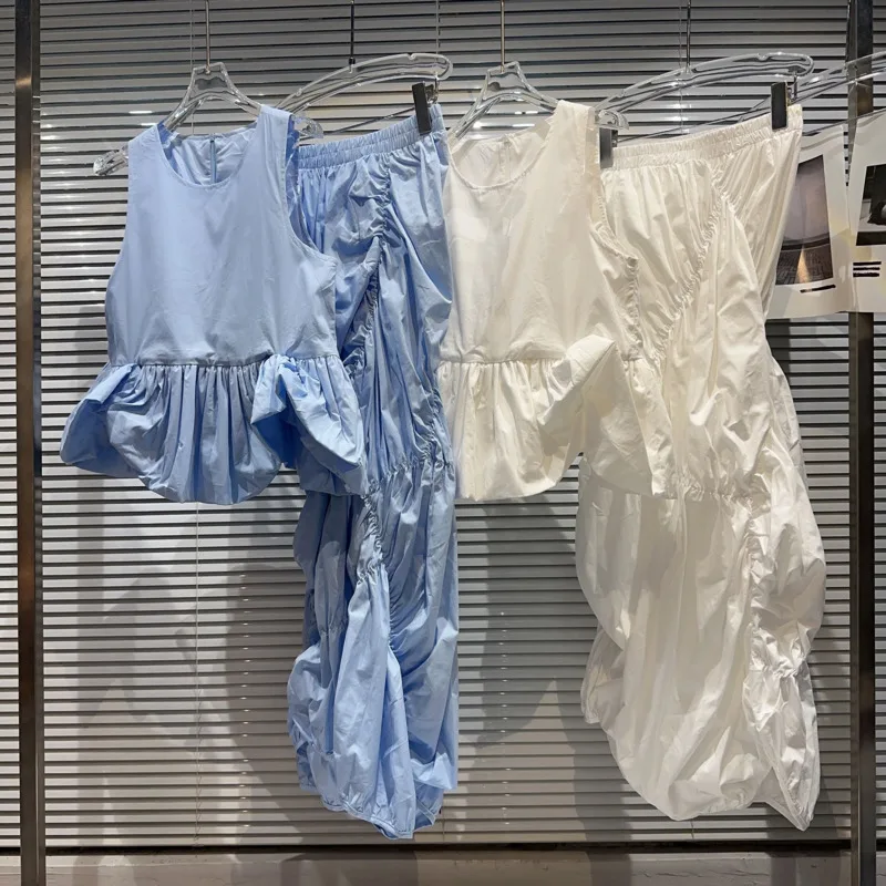 

Женский комплект из топа и юбки, без рукавов, с круглым вырезом и оборками