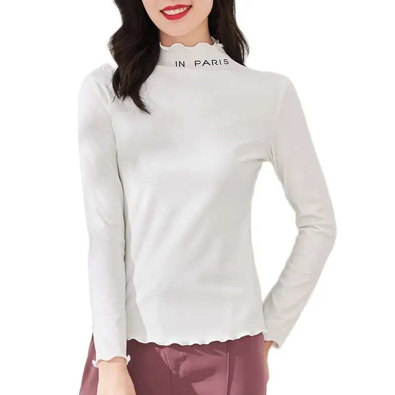 

Женская Базовая рубашка с буквенной вышивкой, белая утепленная офисная Водолазка с длинным рукавом, осень