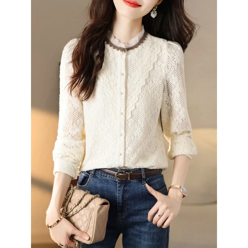 Женский кружевной топ с воротником-стойкой в Корейском стиле продвинутым