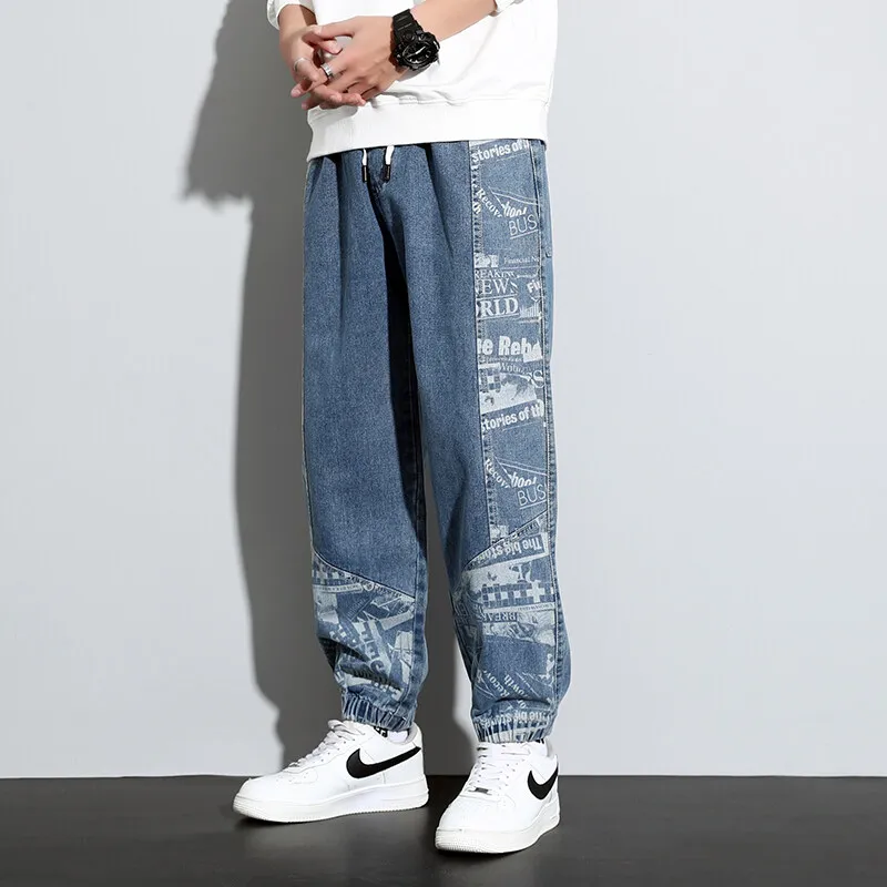 Men's Clothing Cotton Trousers with Footprint Flower Jeans Men's Loose Leisure Korean Version Gradual Change Long  Young Pants