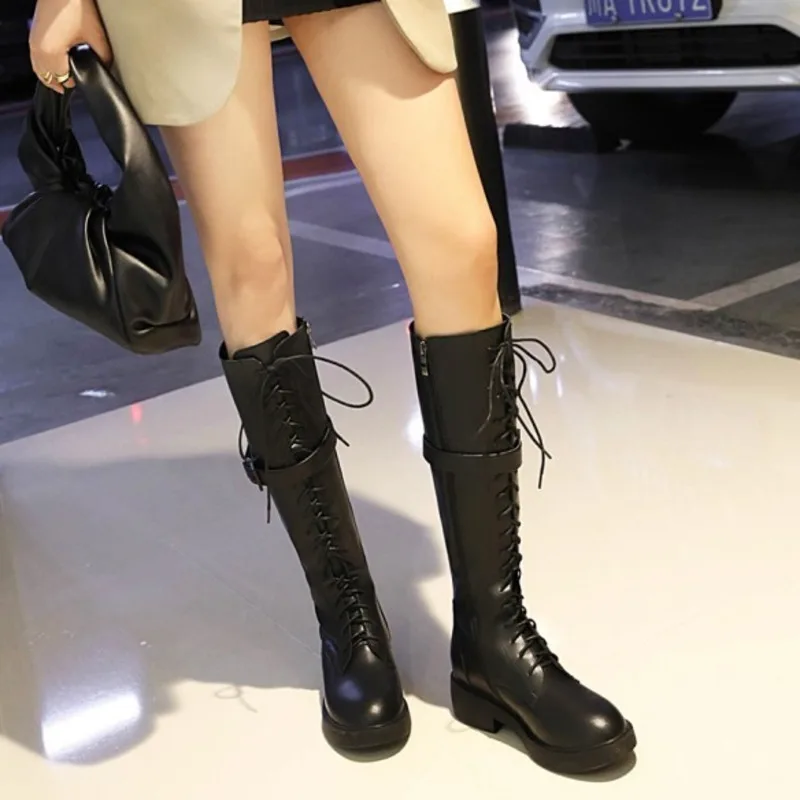 New Women Knee High Boots Low Heels Lace-up Silver White Punk Knight Boots Female Casual Comfortable Zip Shoes