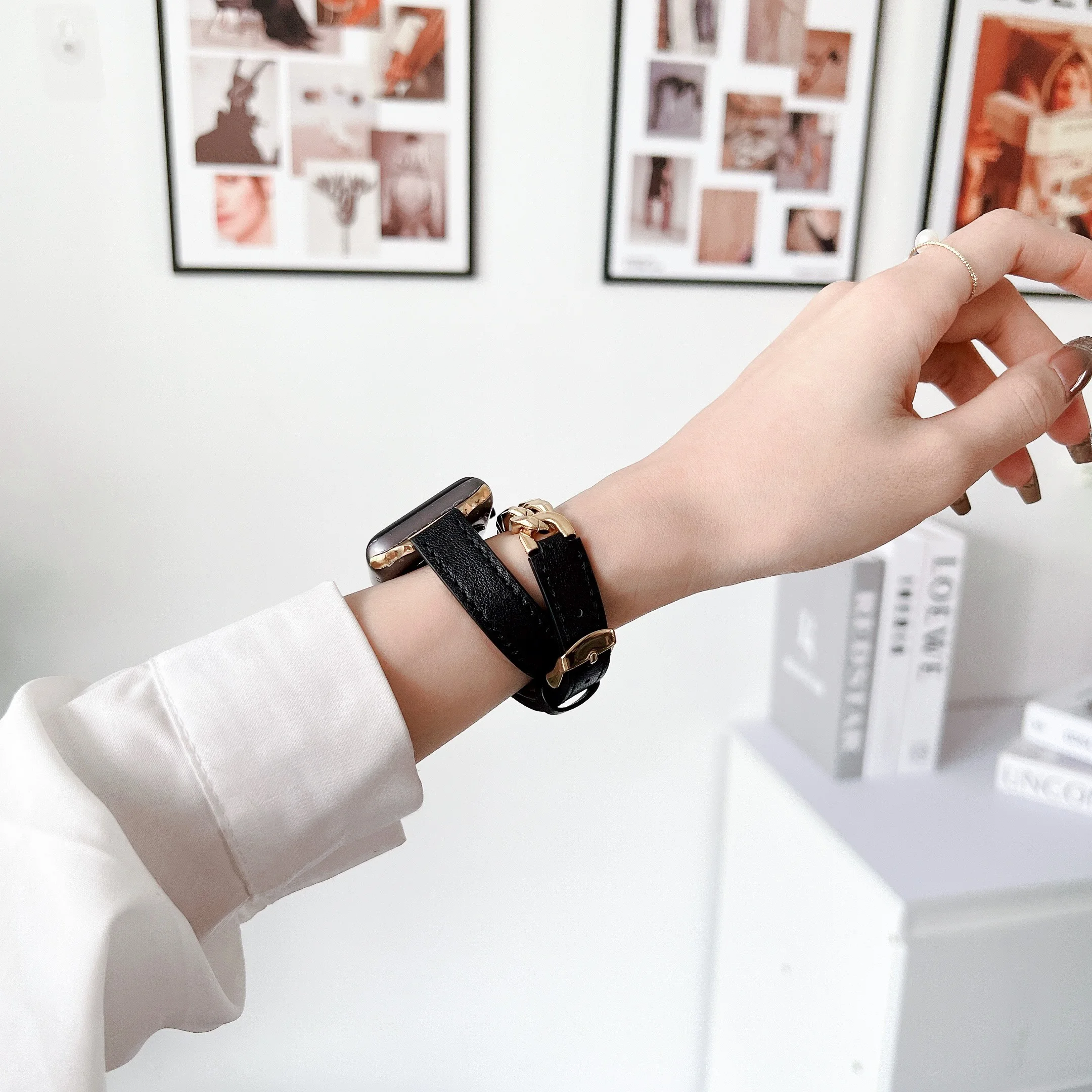 Leather Strap for Apple Watch bracelet double chain iwatch87654321SE Ultra men fashion stainless steel40 41 42 44 45 women wrist