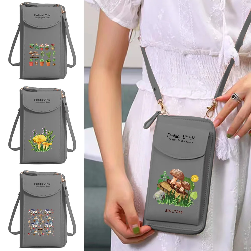 

Pu Leather Phone Bag Shoulder Purse Famous Brand Mushroom Print Crossbody Bag Flap Card Holders Universal Large Capacity Handbag