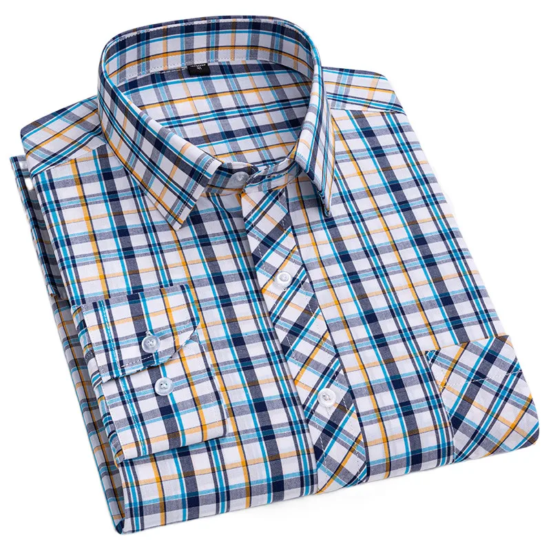 Men's Plaid Shirt Long Sleeve High Quality Luxury 100% Cotton Business Loose Office Daily Checkered Social Male Designer Clothes