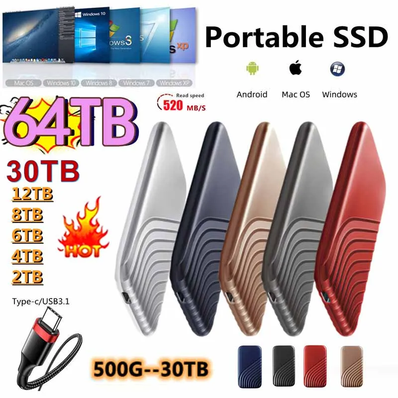 

New Portable Original High-speed 500GB 1TB 2TB SSD 64TB External Hard Drive Mass Storage USB 3.0 Interface for Computer Laptops