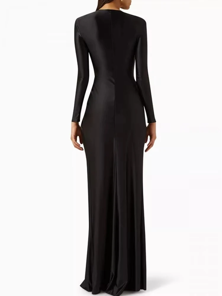 Женское плиссированное платье макси с длинным рукавом и глубоким v-образным