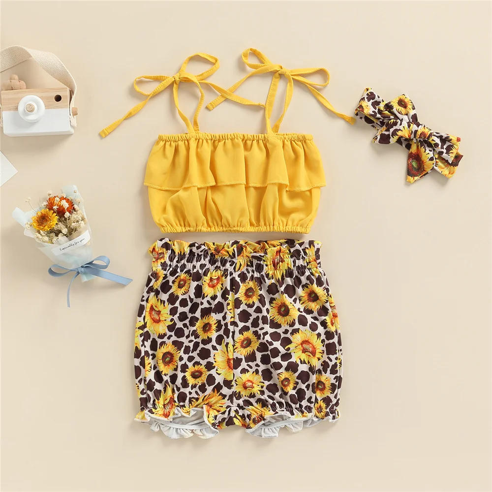 

2-7 Years Kids Girls Summer 2 Piece Clothes Sets Toddler Cute Sleeveless Tanks Crop Tops Sun Flower Print Shorts Bow Hairband