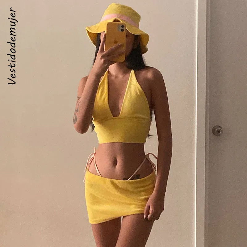 

Women's Dress Set Sexy Halter Crop Top Women's Tracksuit Strapless Lace-up Vest Top Mini y2k Skirt Suit 2 Pieces Set Female