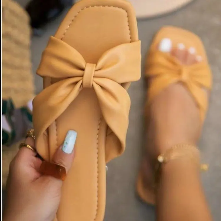 

Women's Slippers 2022 New Summer Fairy Style Bow Luxury Square Head Flat Heel Female plus size outdoor beach comfortable Sandals