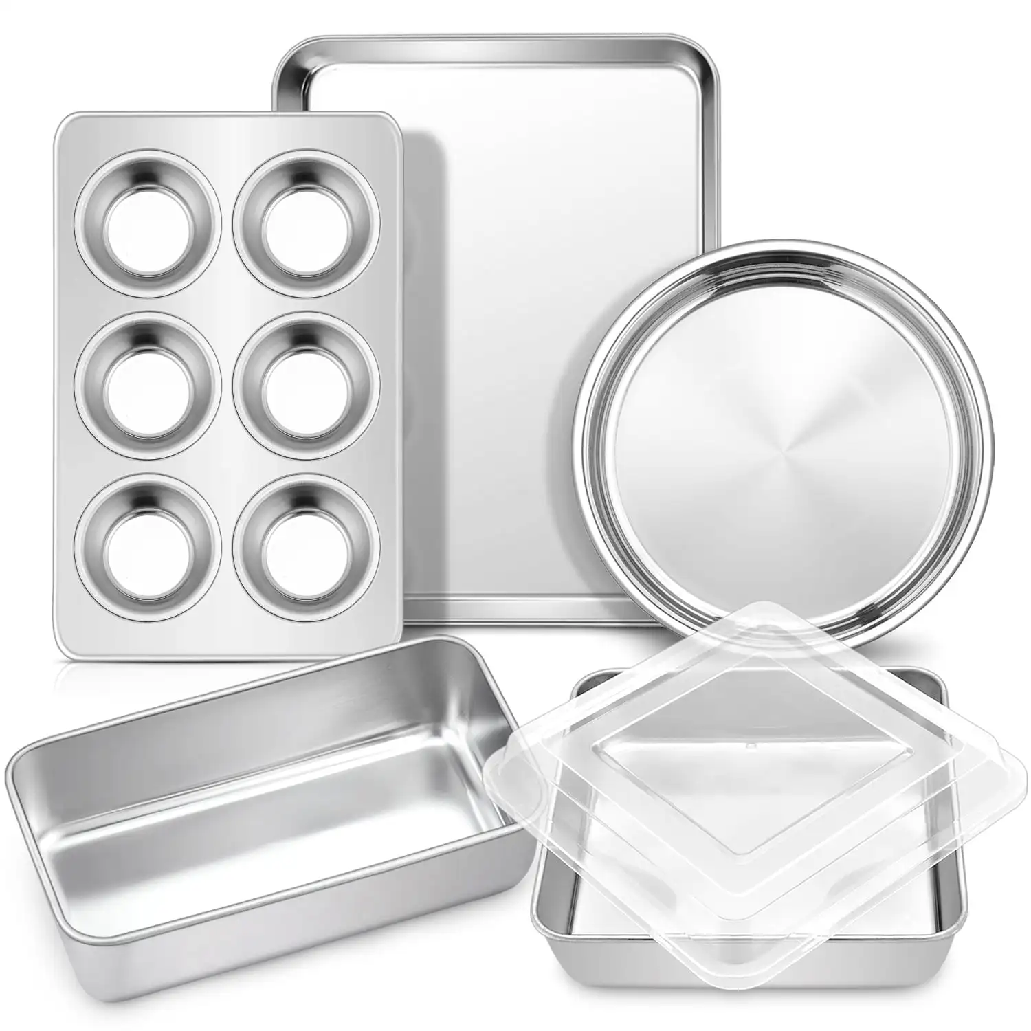 

Bakeware Set of 6, Stainless Steel Baking Roasting Pans, Include Square Pan with Lid&Round Cake Pan, Loaf Pan&Muffin Pan, Cookie