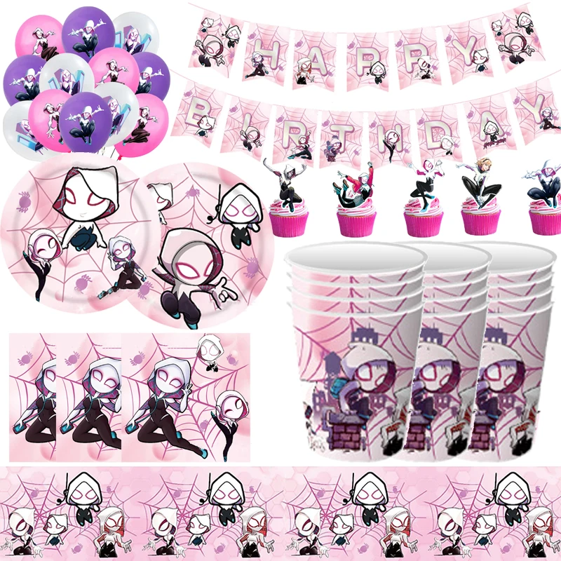 

Female Spider Man Gwen Theme Party Decoration Spider Girl tableware Paper Plates Cups Cake Flag Baby Shower Balloons Kids Favors