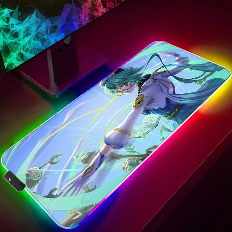 Фото Коврик для мыши Xxl Genshin Impact со светодиодный светильник, игровой коврик для мыши RGB, Настольный коврик, аксессуары для ПК, милый игровой коврик, большая Люминесцентная мышь №4