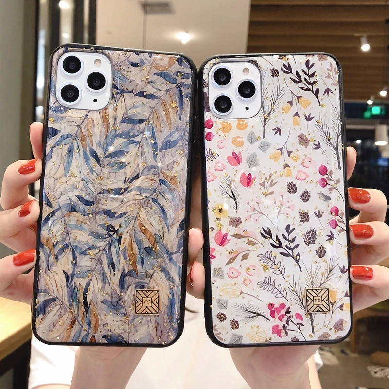 

Fashion Flower Gold Foil Bling Phone Case For iPhone 11 Pro Max 7 8 6 6S Plus XR X XS MAX TPU Case Hard Back Glitter Cover