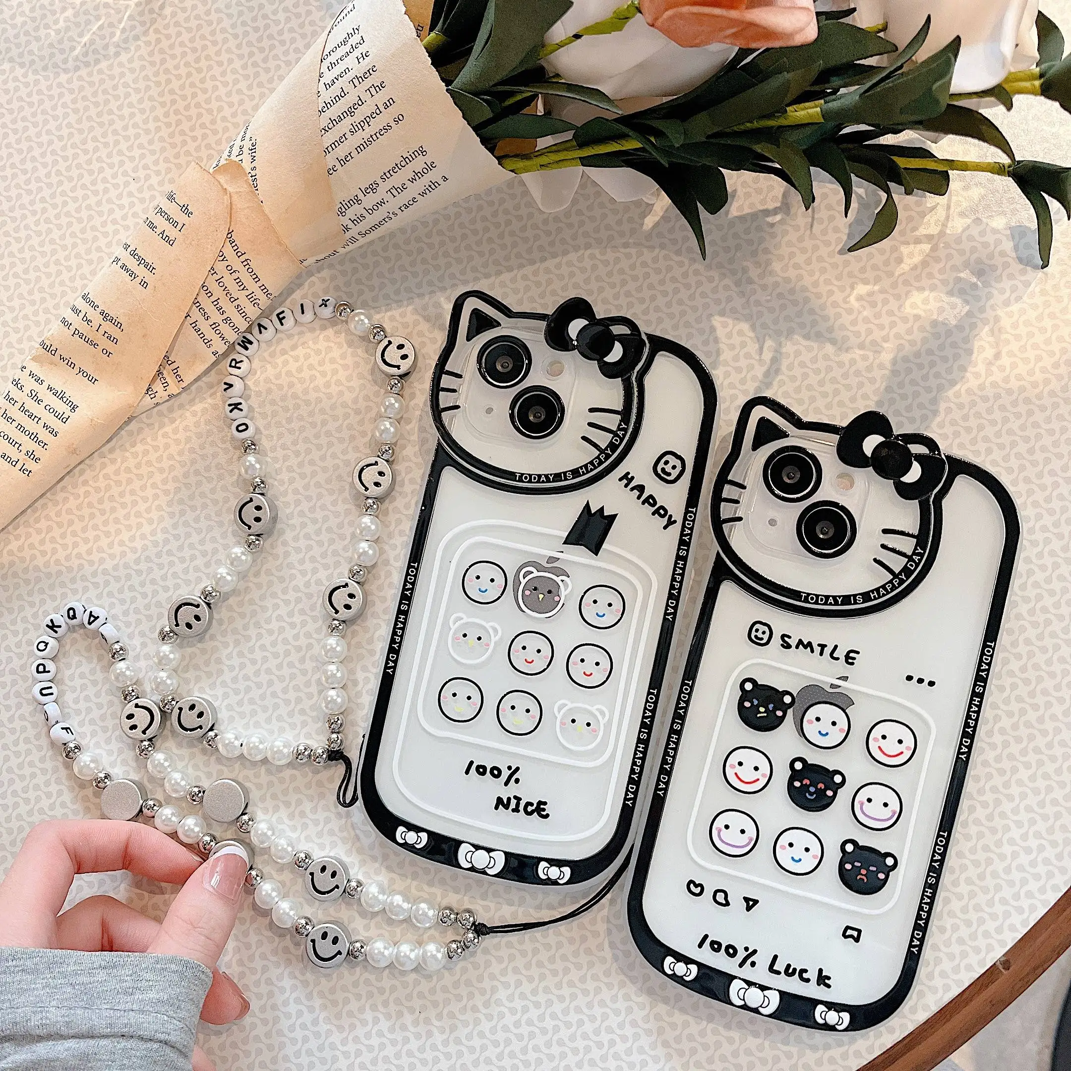 

Hello Kitty Black White Case For iPhone 13 12 11 Pro Max Mini XR XS MAX 8 X 7 SE Chain Phone Case Luxury Cute Girl Ladies