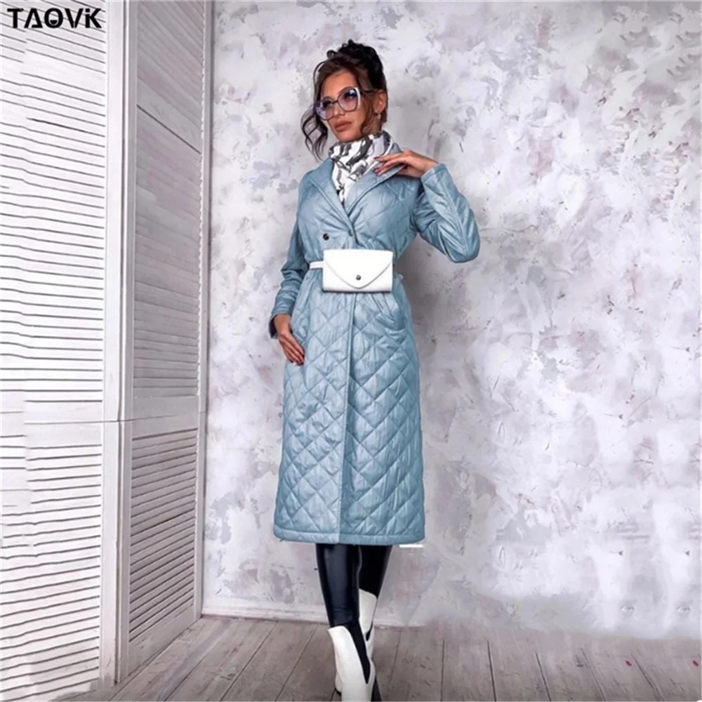 

TAOVK Long straight winter coat with rhombus pattern Casual sashes women parkas Deep pockets tailored collar stylish outerwear