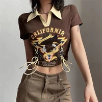 t shirt for womenretro letter print stitching contrast color lapel short sleeved t shirt niche hot girl chic short top