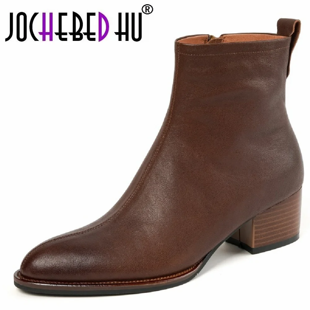 

【JOCHEBED HU】new winter Women ankle boots natural leather plus cowhide+wool full leather side zip modern boots warm boots