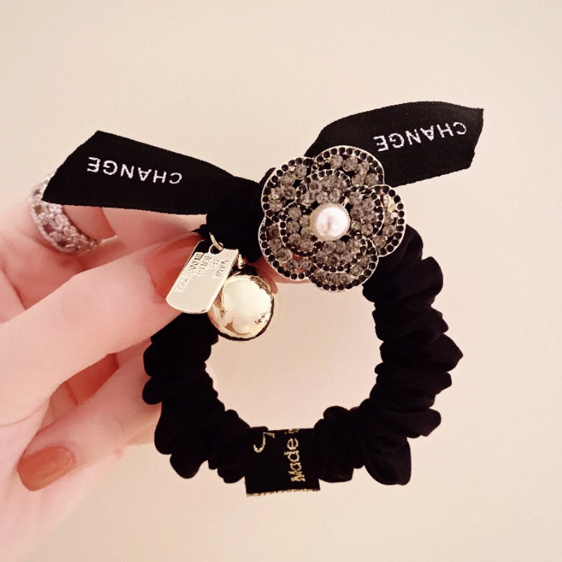 

Korean Black Ponytail Hair Rope Ties Camellia Flower Large Intestine band Small Size Headdress Female Girls Accessoreis