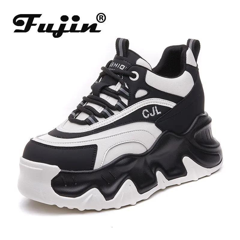 

Fujin 8cm Genuine Leather Mixed Color High Brand Women Chunky Sneakers Platform Wedge Vulcanized Shoes Hidden Heels Lady Fashion