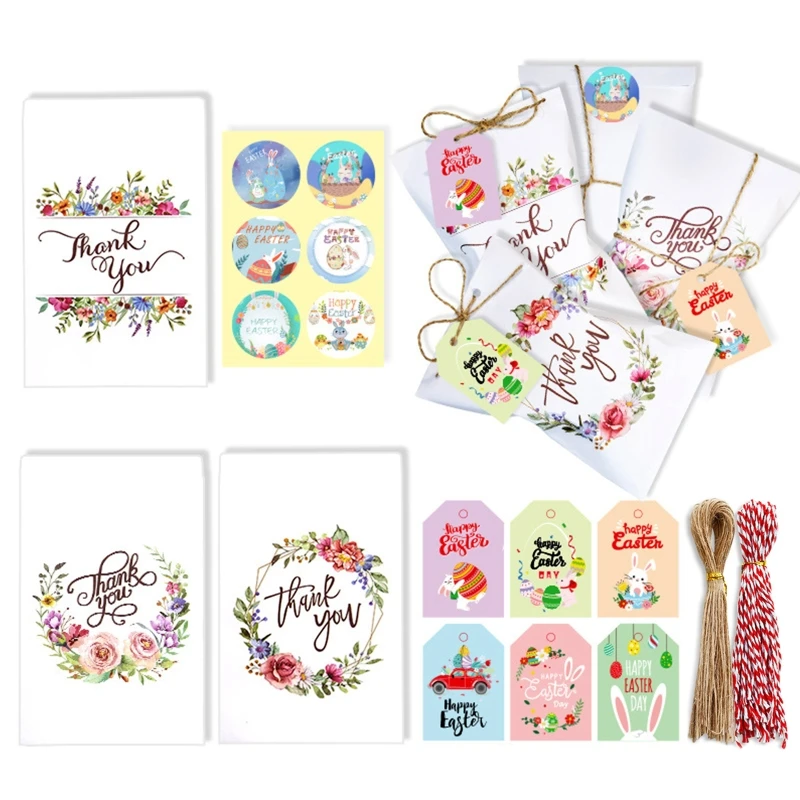 

N7MD 48/96 Sets Happy Easter Bunny Gift Tags with String Gift Box Wrap Tag Labels with String for Easter Day Party Favors