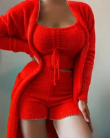 casual solid color shorts suit 2022 spring autumn new fashion plush 3 piece suit home clothing jacket tops shorts set