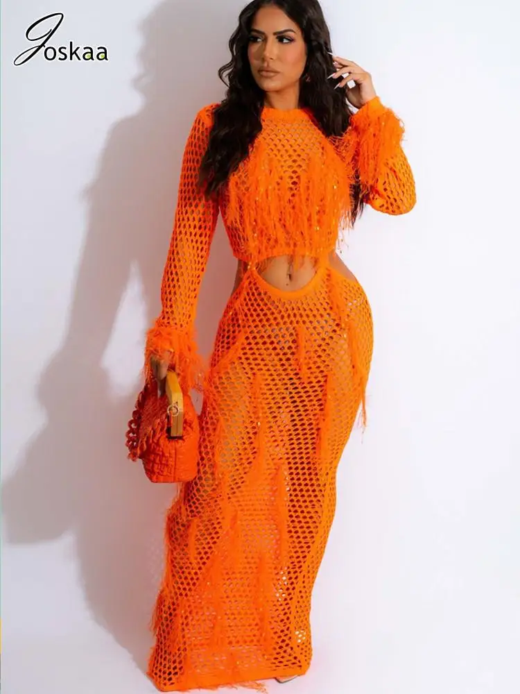 

Женское трикотажное длинное пляжное платье Joskaa, длинное прозрачное платье макси с круглым вырезом и длинными рукавами, с кисточками и блестками, 2023 одежда для отдыха