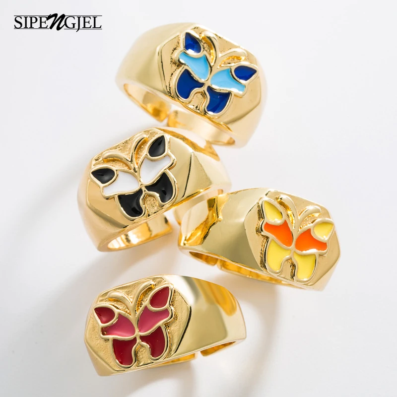 

SIPENGJEL Fashion Gold Color Metal Colorblock Butterfly Open Ring Punk Vintage Geometric Adjustable Ring for Women Jewelry Gift