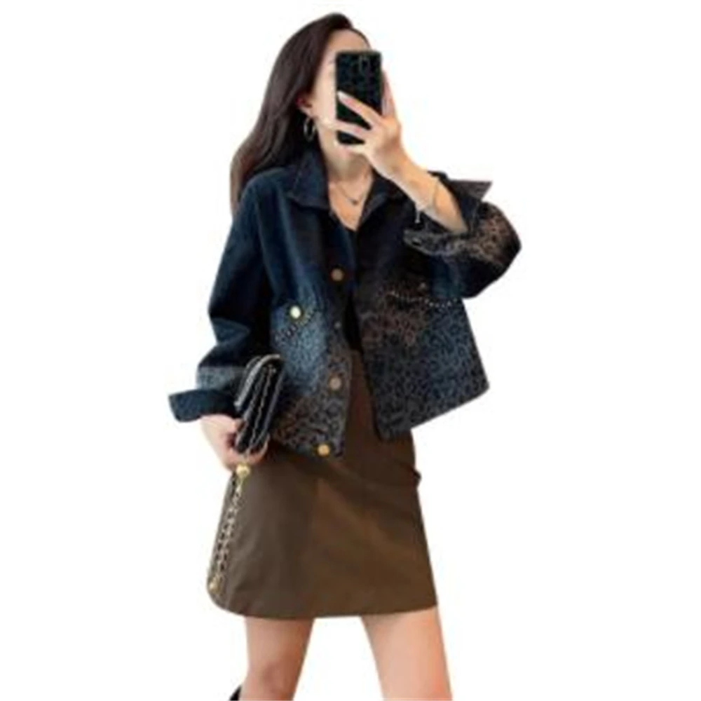 

Весенняя Джинсовая Верхняя одежда 2022, короткая черная джинсовая куртка с градиентом и леопардовым принтом, универсальное пальто в гонконгском стиле, топы, одежда для осени