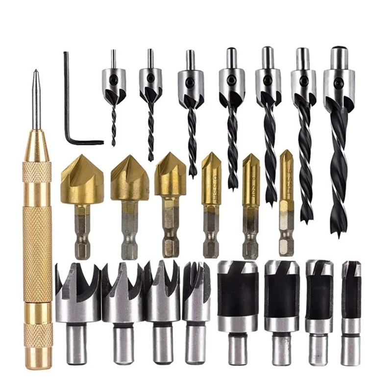 

Multifunctional Woodworking Chamfer Drilling Tools Including Countersink Drill Bits Wood Plug Cutter Three Pointed Drill