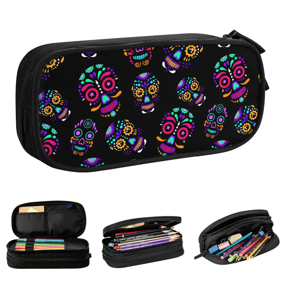 

Colorful Sugar Skull Pencil Case Creative Floral Gothic Pen Box Bags Girl Boy Big Capacity Students School Zipper Pencilcases