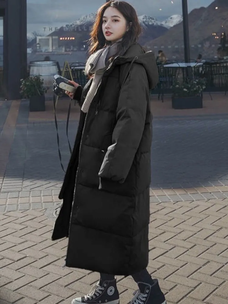 Women's Korean  Mid-Length Zipper Down Padded Jacket Winter Thick With Hood Coat Female Fashion Bread Outwear