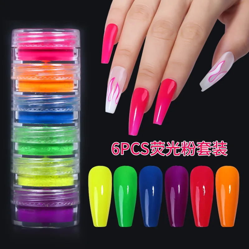 6 Box Neon Pigment Powder Set Candy Colors Fluorescent Nail Glitter Shinny Ombre Chrome Dust DIY Gel Polish for Nails Art Decor