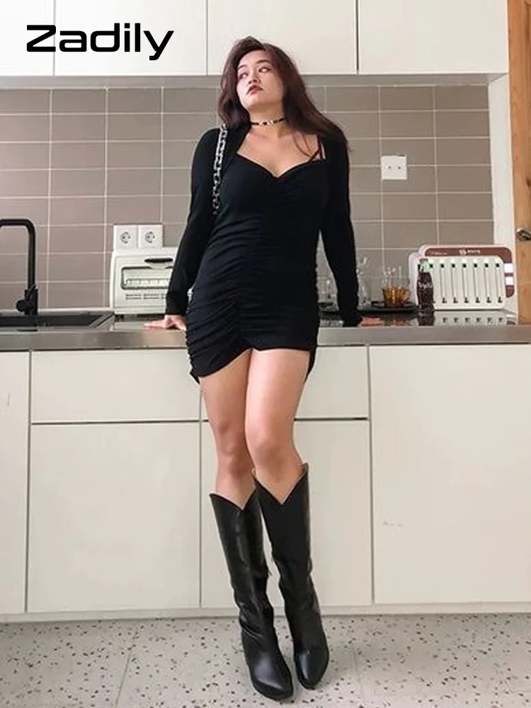 

Zadily 2022 Summer Long Sleeve Sexy plus size dresses for women Solid Black V Neck Mini Dress Large size Party Female Clothes
