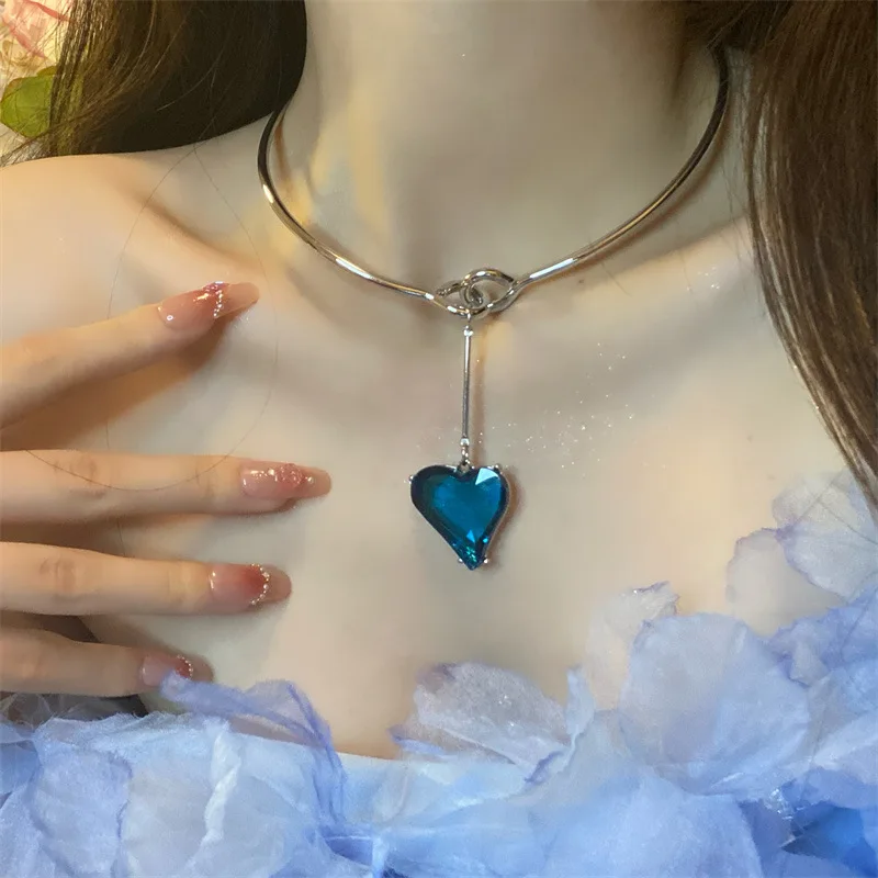 

DREJEW Blue Zircon Love Heart Necklace For Women Silver Color Copper Metal Choker Collar Romantic Lover Forever Jewelry Gifts