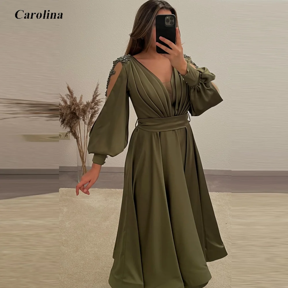 

V-Neck Prom Gown Puffy Sleeves A-Line Satin Ankle Length Beading Occasion Dress Robe De Soirée Women Ruched Evening Party Dress