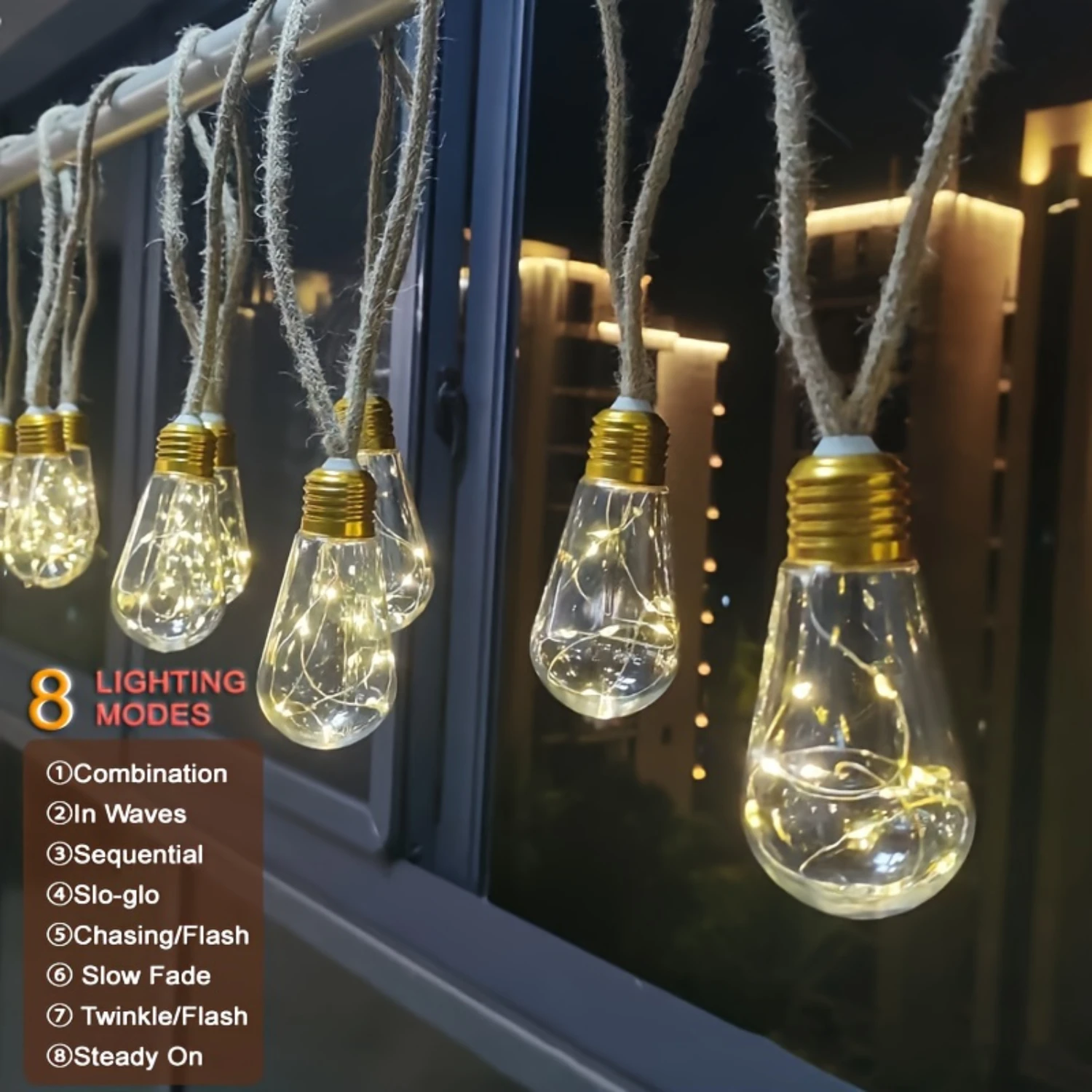 8 режимов освещения искусственная пеньковая веревка с питанием от солнечной