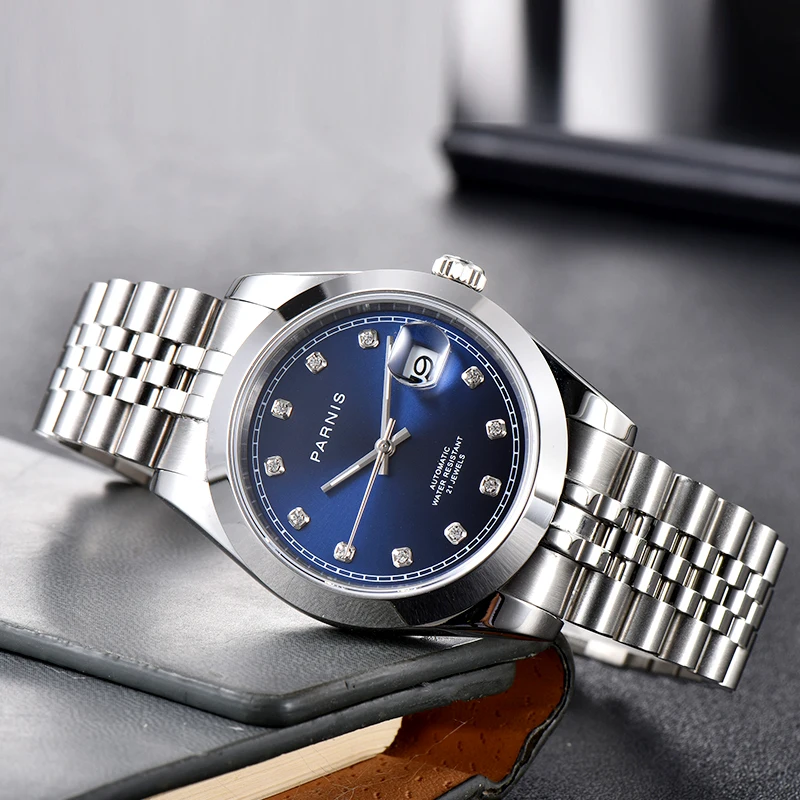 Buy Fashion Parnis 39.5mm Blue Dial Automatic Mechanical Men's Watches Sapphire Glass Calendar Sports Wristwatch reloj hombre 2022 on