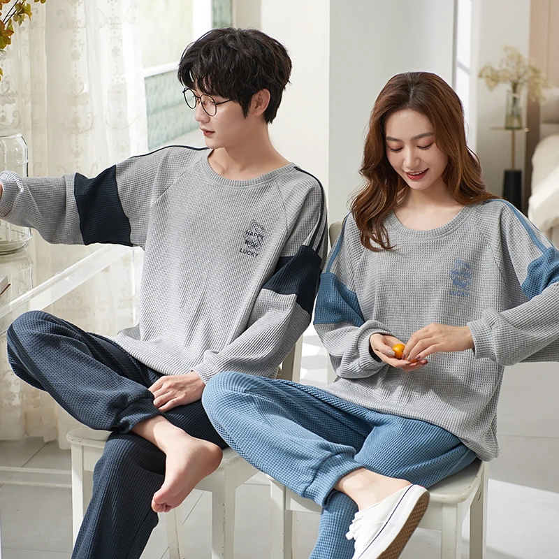 CAIYIER 2022 Autumn Winter Couple Pajamas Set Women & Men Nightwear Sweet Round Neck Long Sleeve Loungewear Lovers Sleepwear