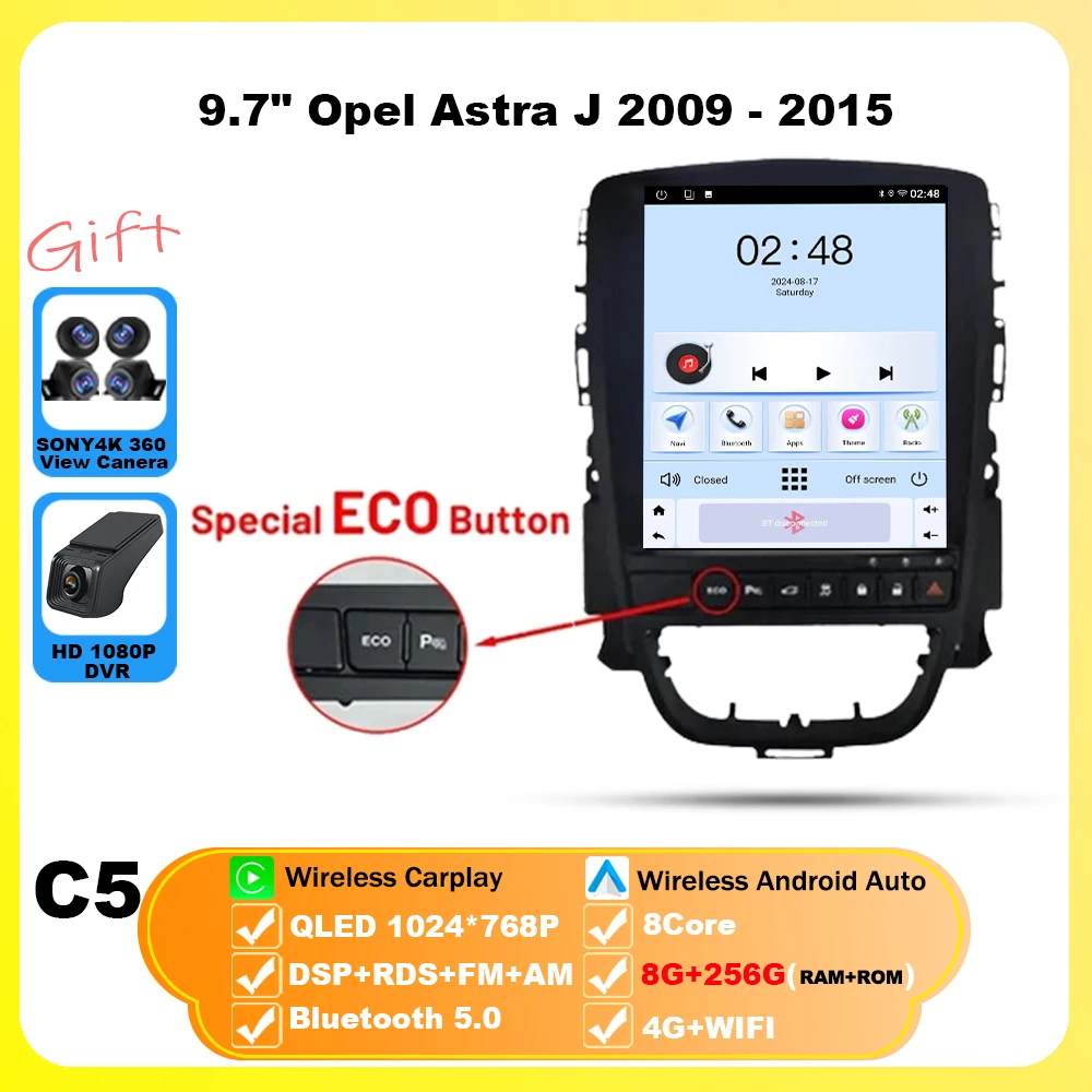 

9,7-дюймовый для Opel Astra J 2009-2015 Android 15, автомобильный радиоприемник, мультимедийный видеоплеер, GPS Tesla, модель беспроводной android, авто WIFI 4G