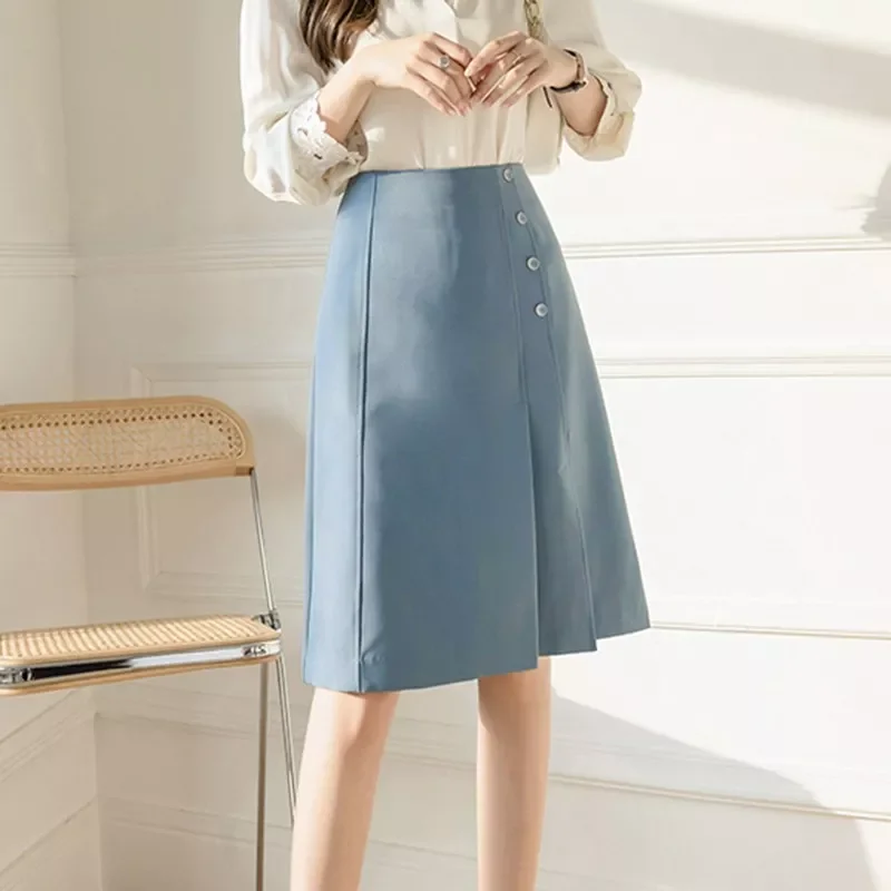 

Ladies Elegant Knee-length A-line Skirts New Arrival 2021 Summer Office Style Solid Color High Waist Women Casual Skirt W426