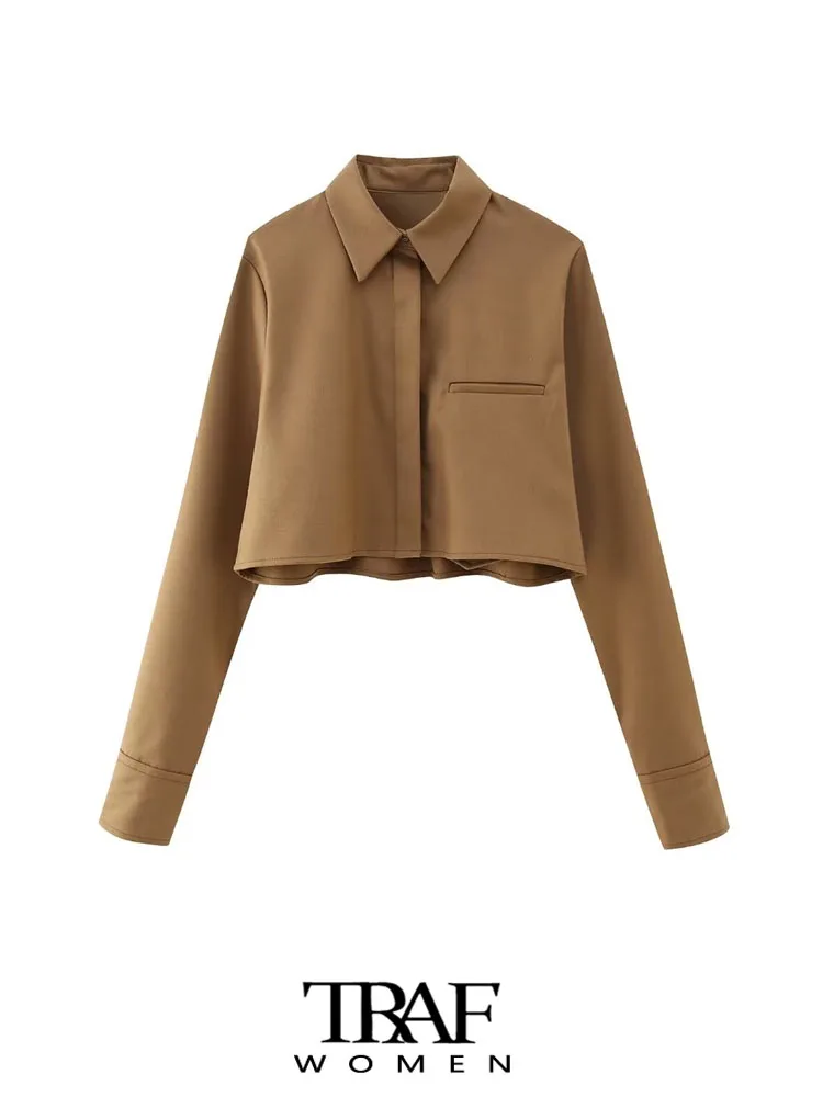 

TRAF Women Fashion With Welt Pocket Cropped Shirts Vintage Long Sleeve Button-up Female Blouses Blusas Chic Tops
