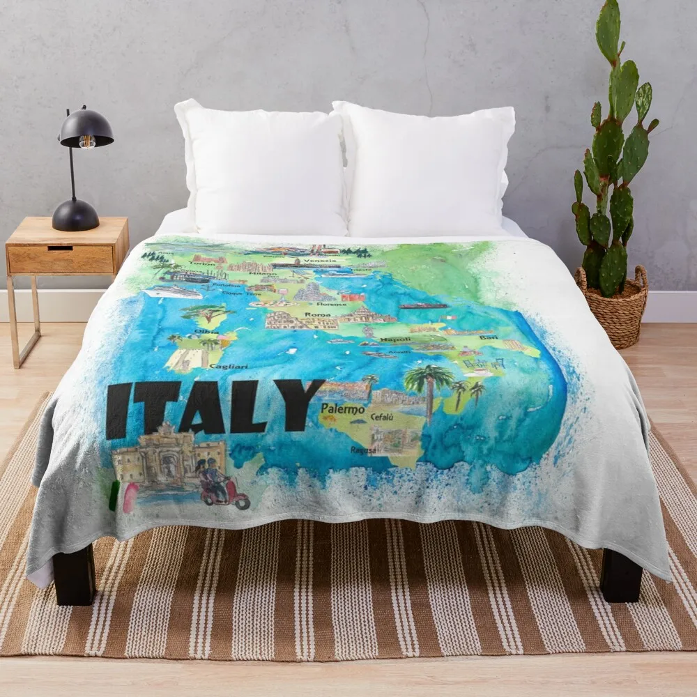 

Italy Illustrated Travel Poster Favorite Map Tourist Highlights Throw Blanket