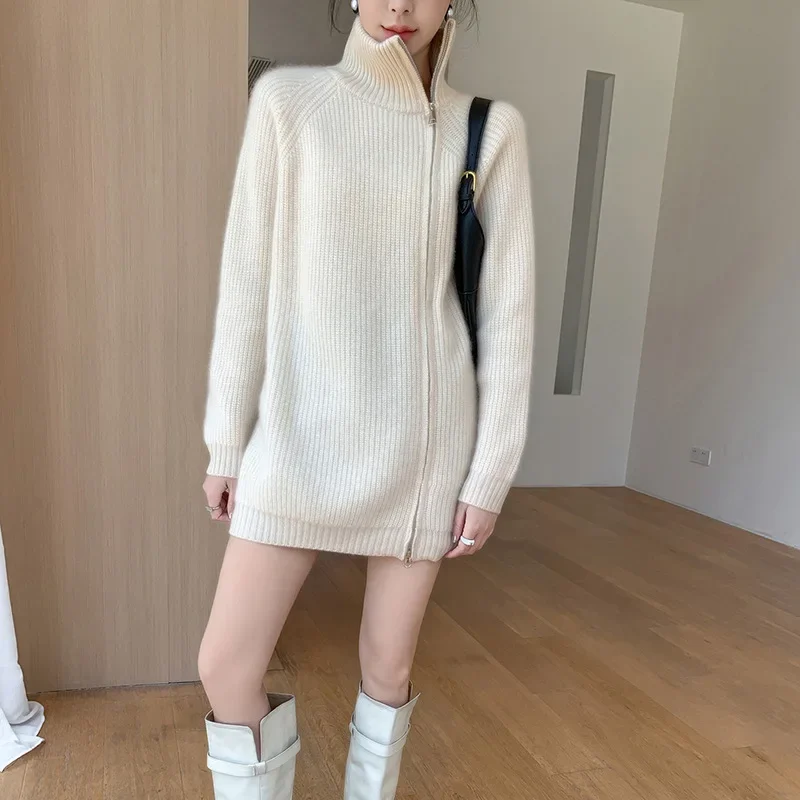 Утолщенный вязаный кардиган-поло из 100% шерсти с воротником-поло/черепашковым