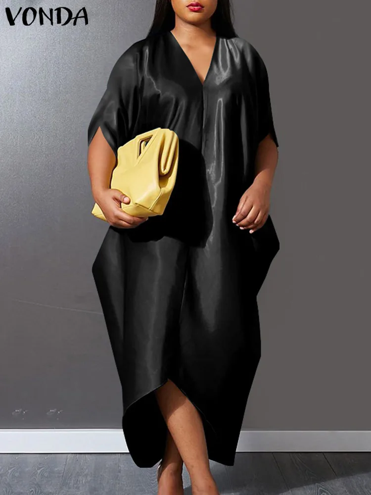 VONDA Plus Size 5XL 2023 Women Satin Dress Summer Sexy Irregular Long Sundress Half Sleeve Casual Loose Solid V Neck Robe
