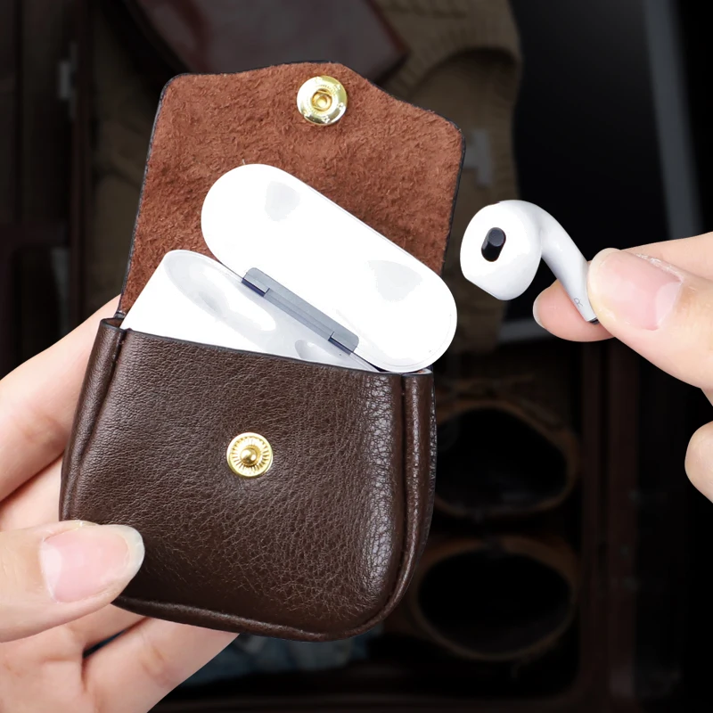 Мини-кошелек Для Монет Airpods С Ремешком Защитный Чехол Из Натуральной Кожи Ручной